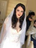 Vintage inspired gown and veil on bride Jo with dark vampy bridal makeup