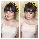 Sunflower flower crown on Bridesmaid beauty Hannah. Glowing skin and soft smokey eyes. Wedding at Rushpool Hall in Saltburn. Makeup by Gemma Rimmington.