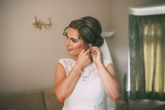 Bride Rachel all dressed ready for her wedding at Wrays Barn in Great Ayton, North Yorkshire. Makeup by Gemma Rimmington.