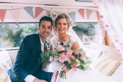 Bride Rachel andGroom Andy couldn't look any happier sat in the back of a wedding decorated VW camper van. Wedding venue was Wrays Barn, Great Ayton. Makeup by Gemma Rimmington.