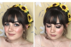 Sunflower flower crown on Bridesmaid beauty Hannah. Glowing skin and soft smokey eyes. Wedding at Rushpool Hall in Saltburn. Makeup by Gemma Rimmington.