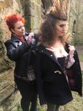 Hair Stylist Kim making sure the hair is perfect for the photo