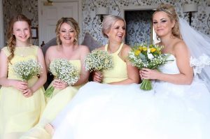 Photo of bride and bridesmaids at Grinkle Park near Whitby before her wedding. Makeup done by Gemma Rimmington