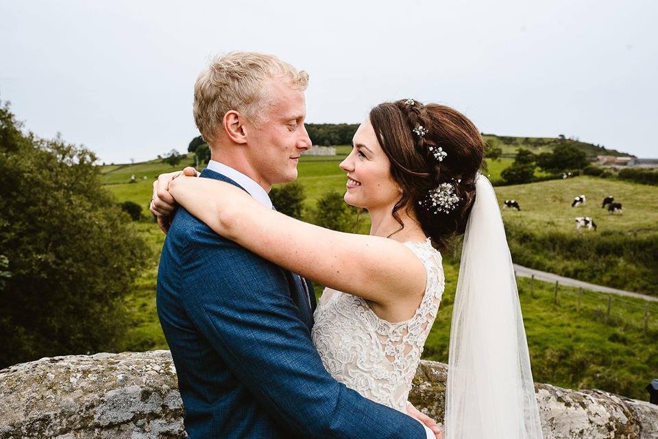 Boho bride Laura at her wedding at Danby